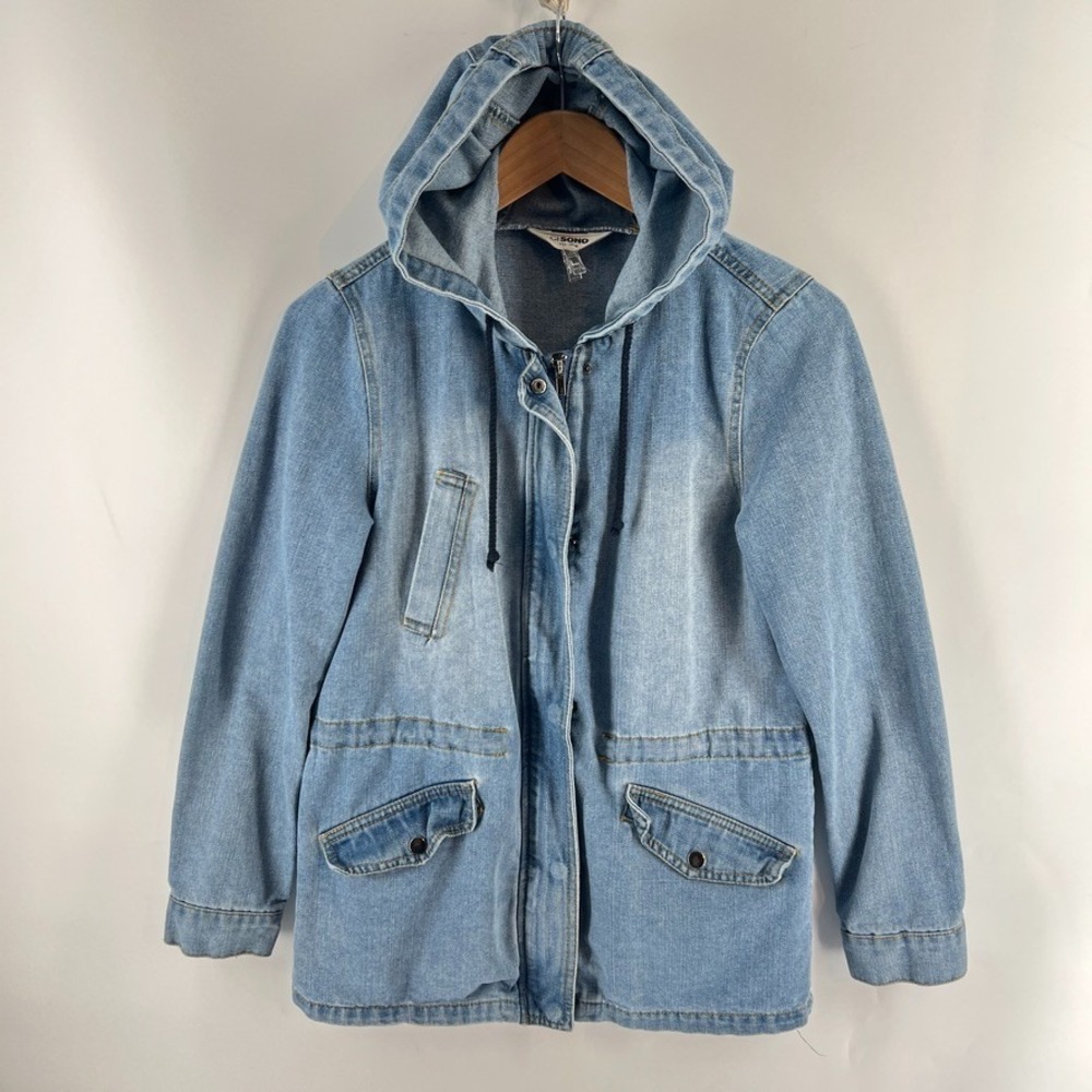 Denim Jacket Womens S Utility Cargo Blue Hooded Anorak Minimalist Streetwear